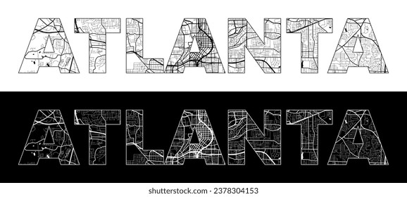 Nombre de la ciudad de Atlanta (Estados Unidos, Norteamérica) con ilustración de mapa de ciudad blanca negra vectorial