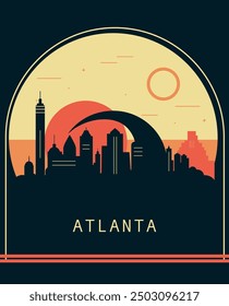 Atlanta city retro style poster with skyline, cityscape. USA Georgia state vintage vector illustration. US front cover, brochure, flyer, leaflet template, layout image