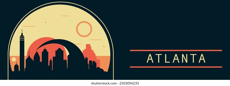 Anuncio de Vector de estilo retro de la ciudad de Atlanta con horizonte, paisaje urbano. USA Ilustración Horizontal vintage del estado de Georgia. Estados Unidos de América diseño de viaje para presentación de Web, encabezado, pie de página