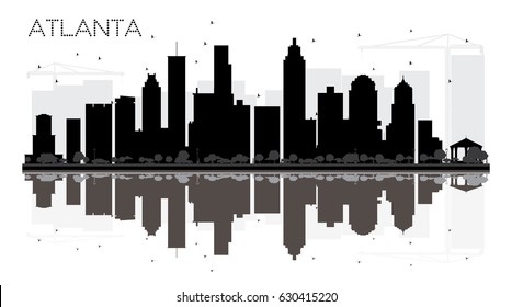 La silueta blanca y negra de la ciudad de Atlanta con reflejos. Ilustración vectorial. Concepto sencillo y plano para presentación turística, banner, cartel o sitio web. Paisaje urbano con puntos de referencia.