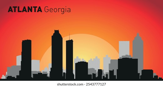 Horizonte de la ciudad de Atlanta con siluetas de edificios con el telón de fondo de un Grande sol amarillo y cielo naranja. Vector en el fondo de la puesta del sol