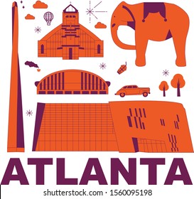 Atlanta culture travel set, American famous architectures, USA in flat design. Business travel and tourism concept clipart. Image for presentation, banner, website, advert, flyer, roadmap, icons