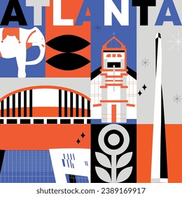 Alojamiento cultural de Atlanta, arquitecturas famosas de Estados Unidos, diseño plano. Concepto de viajes de negocios y turismo. Imagen para presentación, banner, sitio web, anuncio, volante, hoja de ruta, iconos