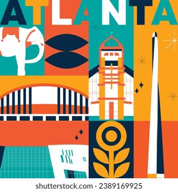 Alojamiento cultural de Atlanta, arquitecturas famosas de Estados Unidos, diseño plano. Concepto de viajes de negocios y turismo. Imagen para presentación, banner, sitio web, anuncio, volante, hoja de ruta, iconos