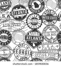 Atlanta, GA, USA Pattern of Stamps. Travel Passport Stamps. Made In Product. Design Seals in Old Style Insignia Seamless. Icon Clip Art Vector Collection.