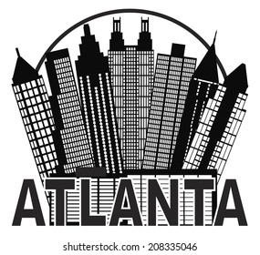 Atlanta Georgia City Skyline in Circle with Text Silhouette Black and White Vector Illustration