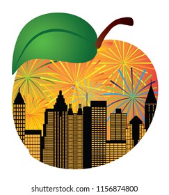 Atlanta Georgia City Skyline Night Sky Fireworks Silhouette Inside Peach Fruit Outline Illustration