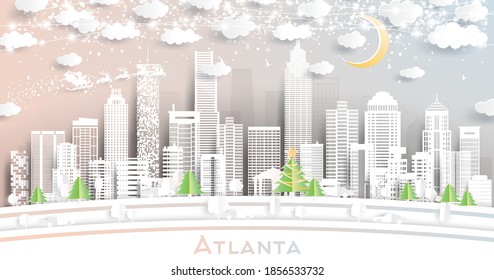 Atlanta Georgia City Skyline in Paper Cut Style with Snowflakes, Moon and Neon Garland. Vector Illustration. Christmas and New Year Concept. Santa Claus on Sleigh.