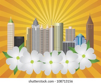 Atlanta Georgia City Skyline  with Sun Rays and Dogwood Tree Flowers in Background Illustration svg