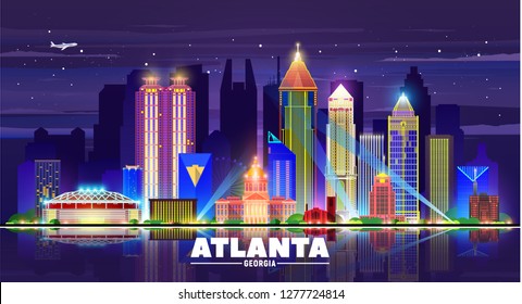 Atlanta (Georgia ) night city skyline sky background. Flat vector illustration. Business travel and tourism concept with modern buildings. Image for banner or web site.