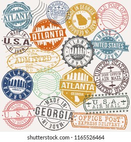Atlanta Georgia Stamp Vector Art Postal Passport Travel Design Set.