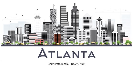 Atlanta Georgia USA City Skyline with Gray Buildings Isolated on White. Vector Illustration. Business Travel and Tourism Concept with Modern Buildings. Atlanta Cityscape with Landmarks.