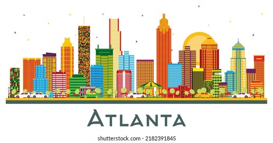 Atlanta Georgia USA City Skyline with Color Buildings and Blue Sky Isolated on White. Vector Illustration. Travel and Tourism Concept with Modern Architecture. Atlanta Cityscape with Landmarks.