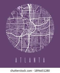 Afiche del mapa de Atlanta. Mapa de calles de diseño decorativo de la ciudad de Atlanta. Vista aérea de silueta panorámica de Cityscape, estilo tipográfico. Tierra, río, autopistas, avenida. Ilustración circular circular circular de vector.