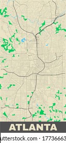 Atlanta map. Vector map of Atlanta city area. Poster with street, water and woods on yellow background.
