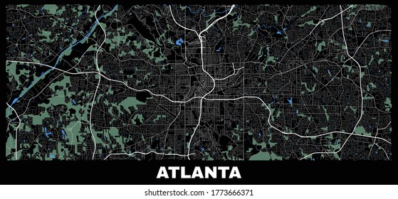 Atlanta map. Vector map of Atlanta city area. Poster with street, water and woods on black background.