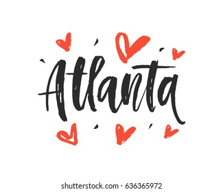 Atlanta modern city hand written brush lettering, isolated on white background. Ink calligraphy. Tee shirt print, typography card, poster design. Vector illustration.