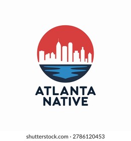 Atlanta Native City Skyline Featuring Red Sun Circle and Blue Water Reflection for Urban Branding