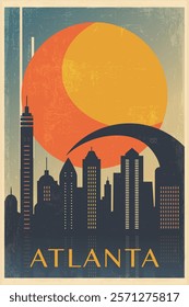 Atlanta retro city poster with abstract shapes of skyline, buildings. USA, Georgia state vintage travel vector illustration, cityscape at sunrise, sunset