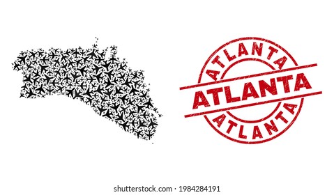 Atlanta rubber stamp, and Menorca Island map collage of airplane items. Mosaic Menorca Island map constructed of aeroplanes. Red stamp with Atlanta text, and grunge rubber texture.