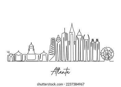 Atlanta single continuous line drawing. Atlanta skyline vector World landscape tourism travel vacation poster print wall decor art. Stylish single line draw design vector illustration