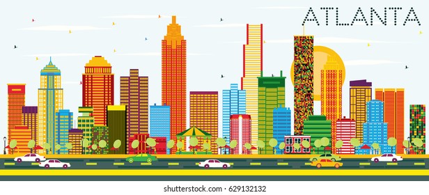 Atlanta Skyline with Color Buildings and Blue Sky. Vector Illustration. Business Travel and Tourism Concept with Modern Architecture. Image for Presentation Banner Placard and Web Site.