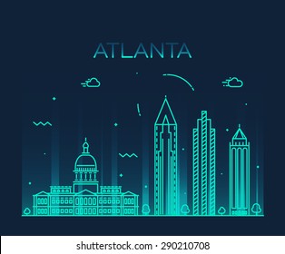 Atlanta skyline, detailed silhouette. Trendy vector illustration, linear style.