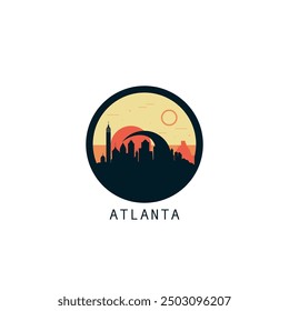 Atlanta skyline, downtown panorama logo, logotype. USA, Georgia state round badge contour, isolated vector vintage pictogram with monuments, landmarks