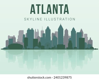 Atlanta skyline. Atlanta skyline and landmarks silhouette, light green tone gradient design. Atlanta skyline horizontal banner. skyline in flat style. Vector template for your design. EPS