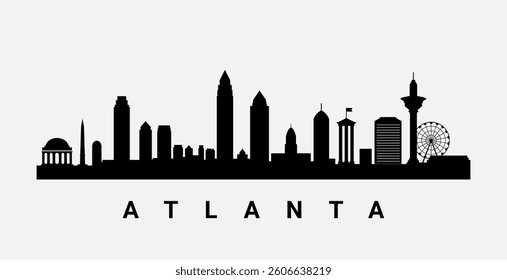Atlanta skyline silhouette with modern city outline and landmark buildings in black and white. Vector Atlanta cityscape design downtown Georgia usa background.