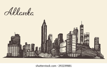 Atlanta skyline, vintage engraved illustration, hand drawn, sketch