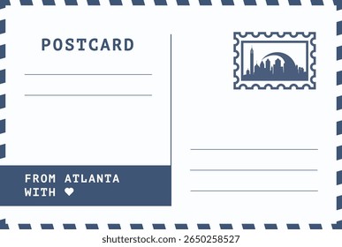 De Atlanta, EUA modelo de cartão postal. Ilustração de cartão-postal vetorial com carimbo, ponto de referência, mensagem. Layout de imagem simples de saudações simples