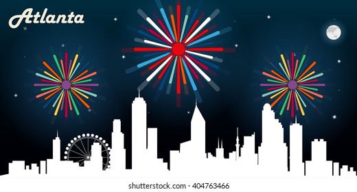 Atlanta USA skyline silhouette vector design, dark night sky with fireworks