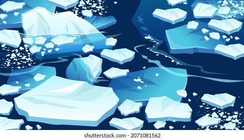 Atlantic, antarctic floes, glaciers and icebergs floating on surface. Isolated masses of cracked ice. Global warming, climate change. Frozen blue water. View from above.