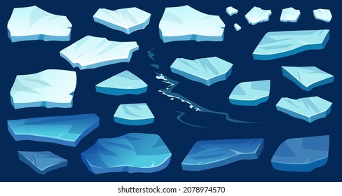 El Atlántico, las flotas antárticas, los glaciares y los icebergs flotando en la superficie. Conjunto de masas aisladas de hielo agrietado. Calentamiento global, cambio climático. Agua azul congelada. Vista desde arriba.