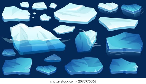 Atlantic, antarctic floes, glaciers and icebergs floating on surface. Set of isolated masses of cracked ice. Global warming, climate change. Frozen blue water. View from above.