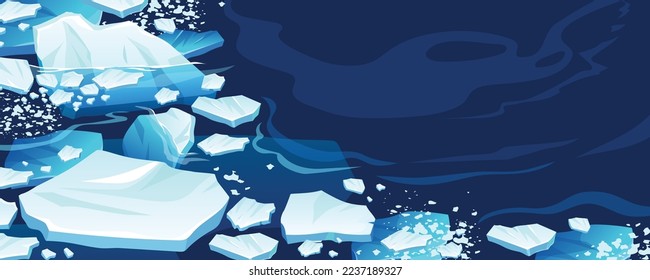 Atlantic, antarctic floes, glaciers and icebergs floating on surface. Isolated masses of cracked ice. Global warming, climate change. Frozen blue water. View from above.