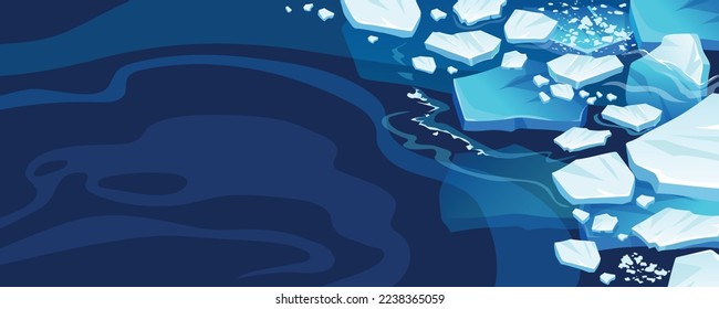 Atlantic, antarctic floes, glaciers and icebergs floating on surface. Isolated masses of cracked ice. Global warming, climate change. Frozen blue water. View from above.