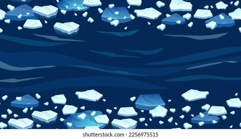 Atlantic, antarctic floes, glaciers and icebergs floating on surface. Isolated masses of cracked ice. Global warming, climate change. Frozen blue water. View from above.