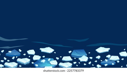 Atlantic, antarctic floes, glaciers and icebergs floating on surface. Isolated masses of cracked ice. Global warming, climate change. Frozen blue water. View from above.