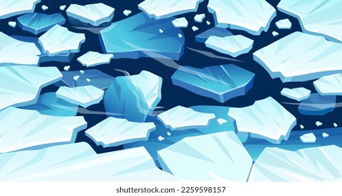 Atlantic, antarctic floes, glaciers and icebergs floating on surface. Isolated masses of cracked ice. Global warming, climate change. Frozen blue water. View from above.