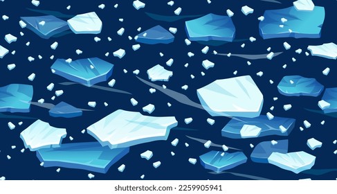 Atlantic, antarctic floes, glaciers and icebergs floating on surface. Isolated masses of cracked ice. Global warming, climate change. Frozen blue water. View from above. Seamless background.