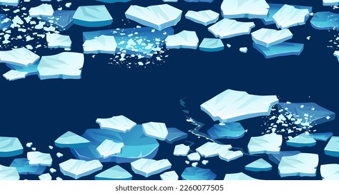 Atlantic, antarctic floes, glaciers and icebergs floating on surface. Isolated masses of cracked ice. Global warming, climate change. Frozen blue water. Seamless background for computer game.