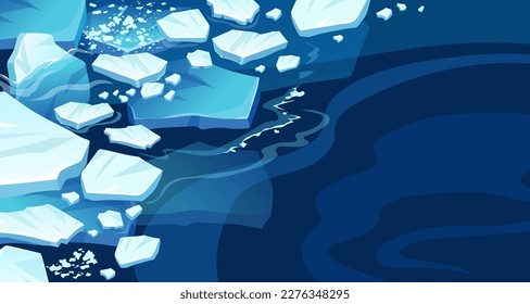 Atlantic, antarctic floes, glaciers and icebergs floating on surface. Isolated masses of cracked ice. Global warming, climate change. Frozen blue water. View from above.