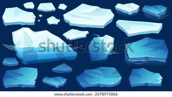 Atlantic, antarctic\
floes, glaciers and icebergs floating on surface. Set of isolated\
masses of cracked ice. Global warming, climate change. Frozen blue\
water. View from\
above.