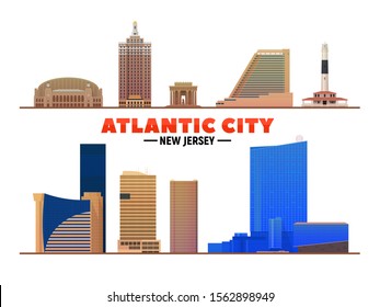 Atlantic City (New Jersey) famous landmarks on white background at white background. Flat vector illustration. Business travel and tourism concept with modern buildings. Image for banner or we