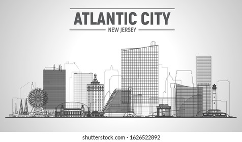 Atlantic City (New Jersey) line skyline at white background. Flat vector illustration. Business travel and tourism concept with modern buildings. Image for banner or web site.