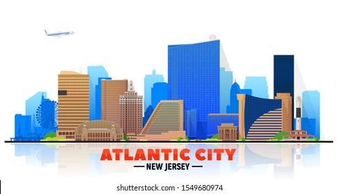 Atlantic City (New Jersey) skyline at white background. Flat vector illustration. Business travel and tourism concept with modern buildings. Image for banner or web site.