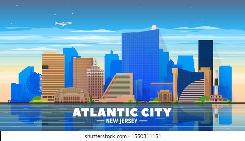 Atlantic City (New Jersey) skyline at sky background. Flat vector illustration. Business travel and tourism concept with modern buildings. Image for banner or web site.