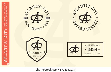 Atlantic City New Jersey USA Emblem. City Badges Collection on Light Background.